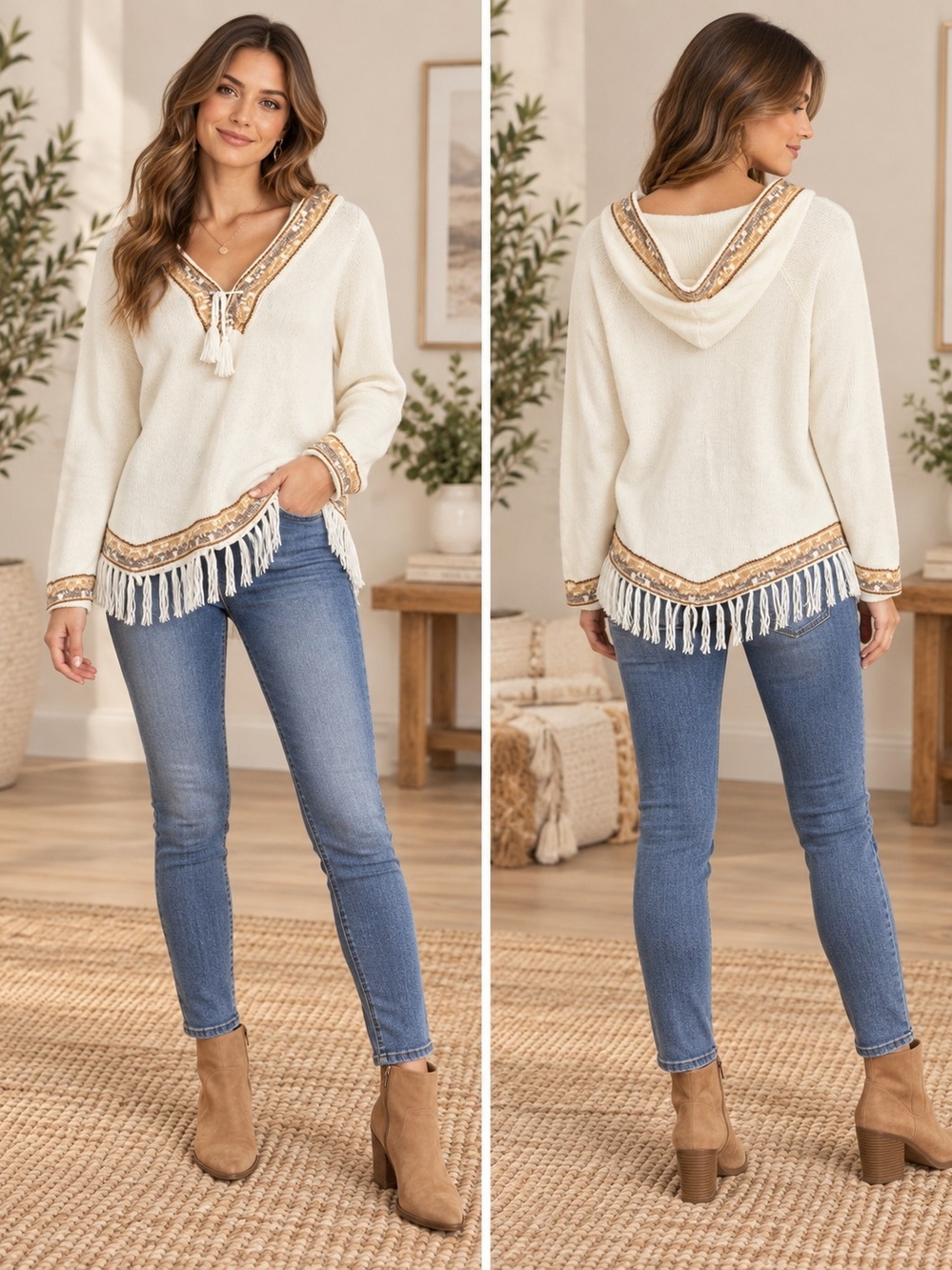 Vintage E.I.R.L PROAN Cusco Peru 100% Baby Alpaca Hooded Fringe Sweater Pullover